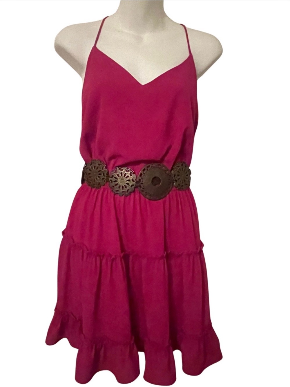 The Impeccable Pig Fuchsia Pink Tiered Ruffle V-Neck Mini Dress